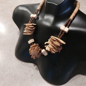 Women's Beige Brown Multi-Shapes Wood Slats/Beads Statement Necklace